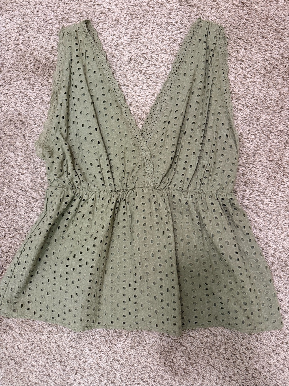 Women's Olive Eyelet V-Neck Sleeveless Peplum Camisole